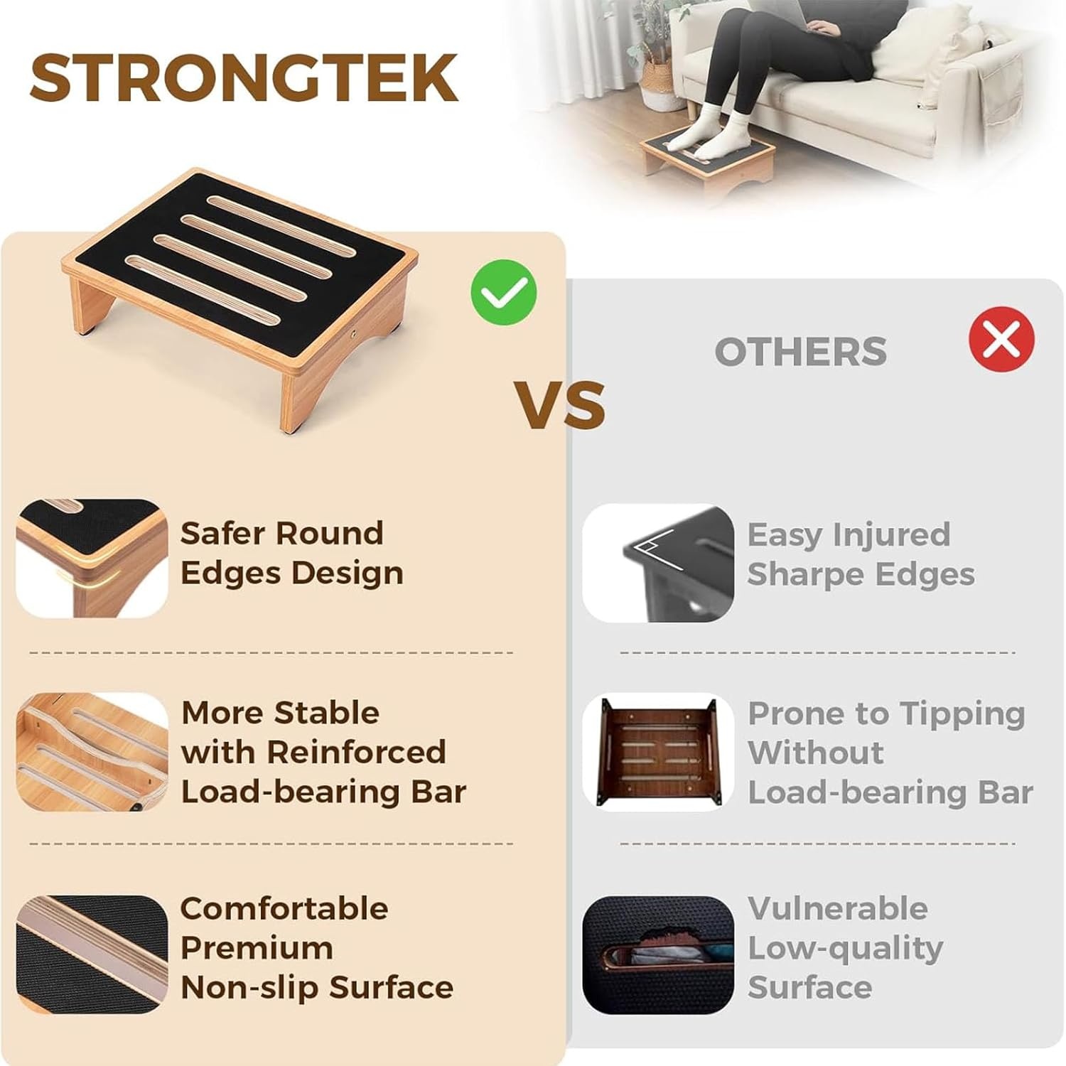 image:imageStrongTek 35 One Step Stool for Adults Sturdy Wooden Riser with NonSlip Rubber Top 440 lb Capacity No Assembly Required Portable for Kitchen Bathroom Bedside Kids amp Seniors5Natural