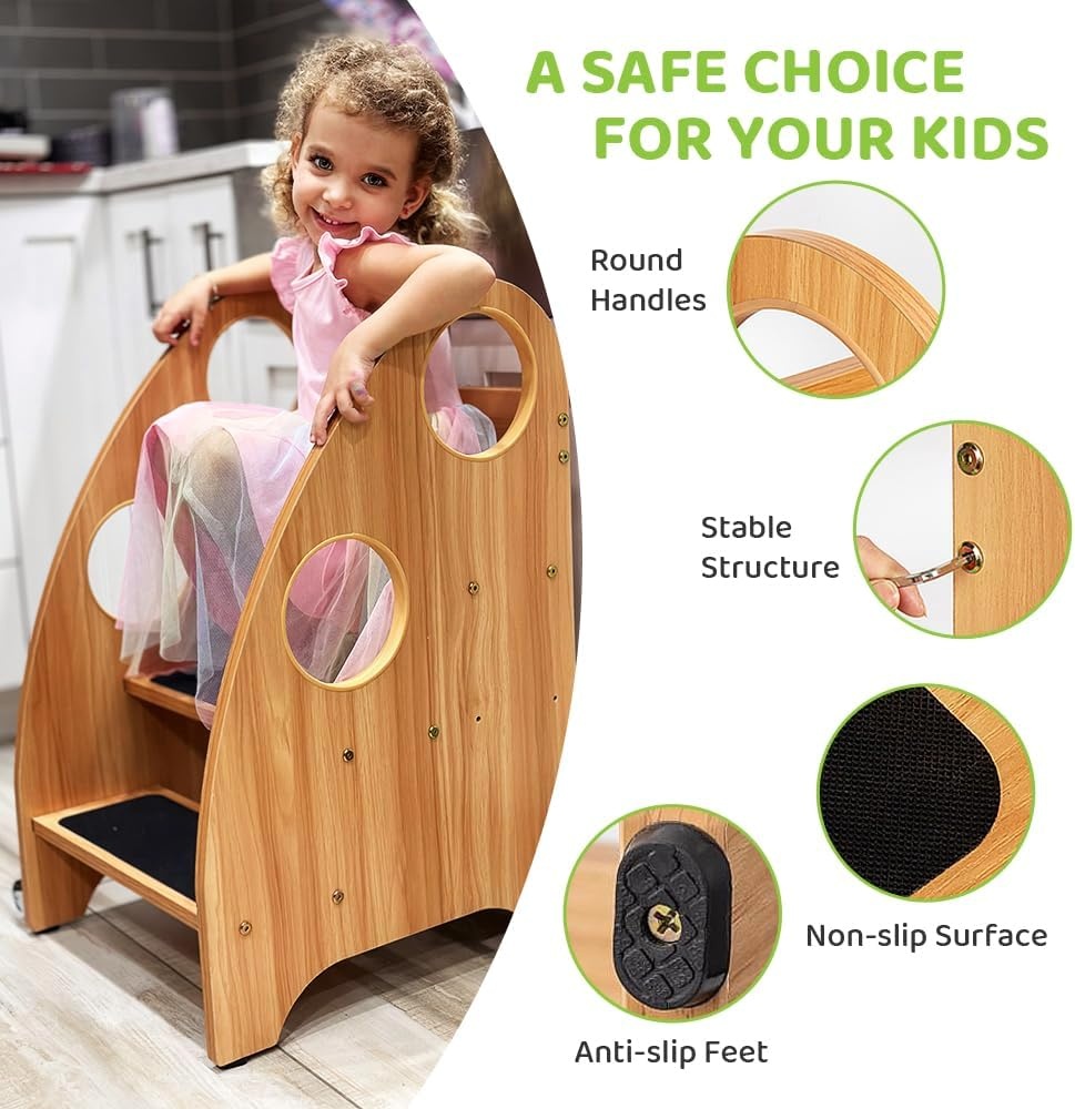 image:imageStrongTek Kids Step Stool Step Ladder with Wheels amp Safety Handles 3Tier Wooden Toddler Standing Tower Convertible Chair with NonSlip Steps 350 lbs Capacity for Kitchen amp Bathroom