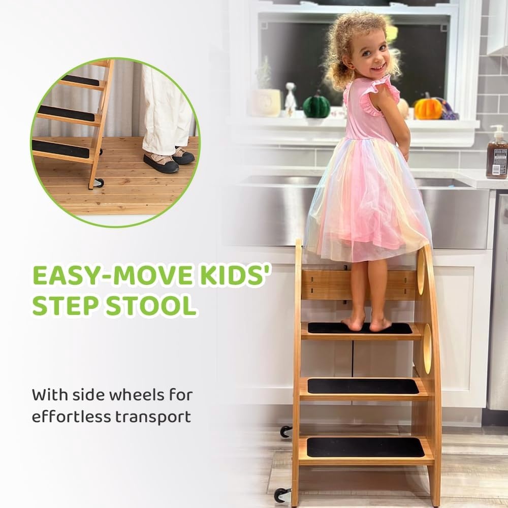image:imageStrongTek Kids Step Stool Step Ladder with Wheels amp Safety Handles 3Tier Wooden Toddler Standing Tower Convertible Chair with NonSlip Steps 350 lbs Capacity for Kitchen amp Bathroom