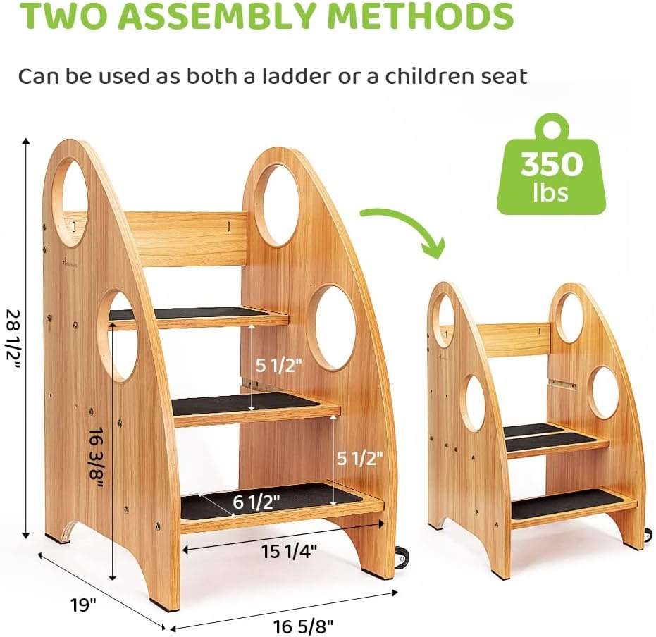 image:imageStrongTek Kids Step Stool Step Ladder with Wheels amp Safety Handles 3Tier Wooden Toddler Standing Tower Convertible Chair with NonSlip Steps 350 lbs Capacity for Kitchen amp Bathroom