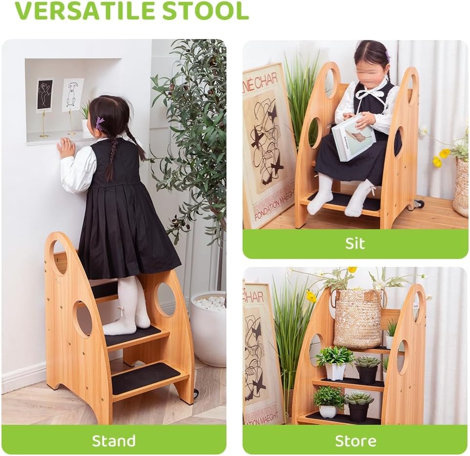 image:imageStrongTek Kids Step Stool Step Ladder with Wheels amp Safety Handles 3Tier Wooden Toddler Standing Tower Convertible Chair with NonSlip Steps 350 lbs Capacity for Kitchen amp Bathroom