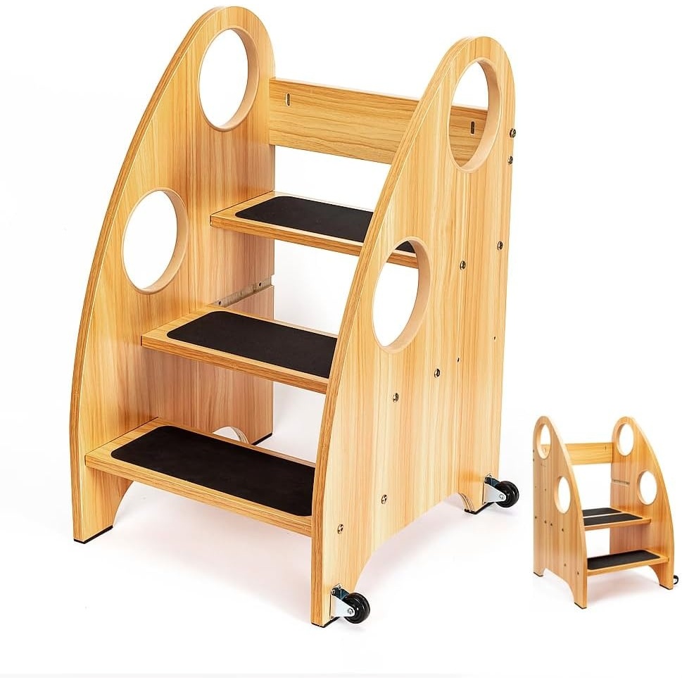 image:imageStrongTek Kids Step Stool Step Ladder with Wheels amp Safety Handles 3Tier Wooden Toddler Standing Tower Convertible Chair with NonSlip Steps 350 lbs Capacity for Kitchen amp Bathroom