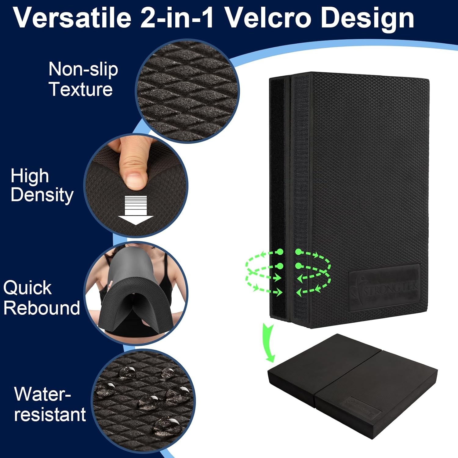 image:imageStrongTek 2in1 NonSlip Balance Pad HighDensity Foam Cushion Supportive Exercise Mat amp Knee Pad for Core Training Yoga Pilates Physical Therapy Stability Training Stretching and RehabXLBLACK