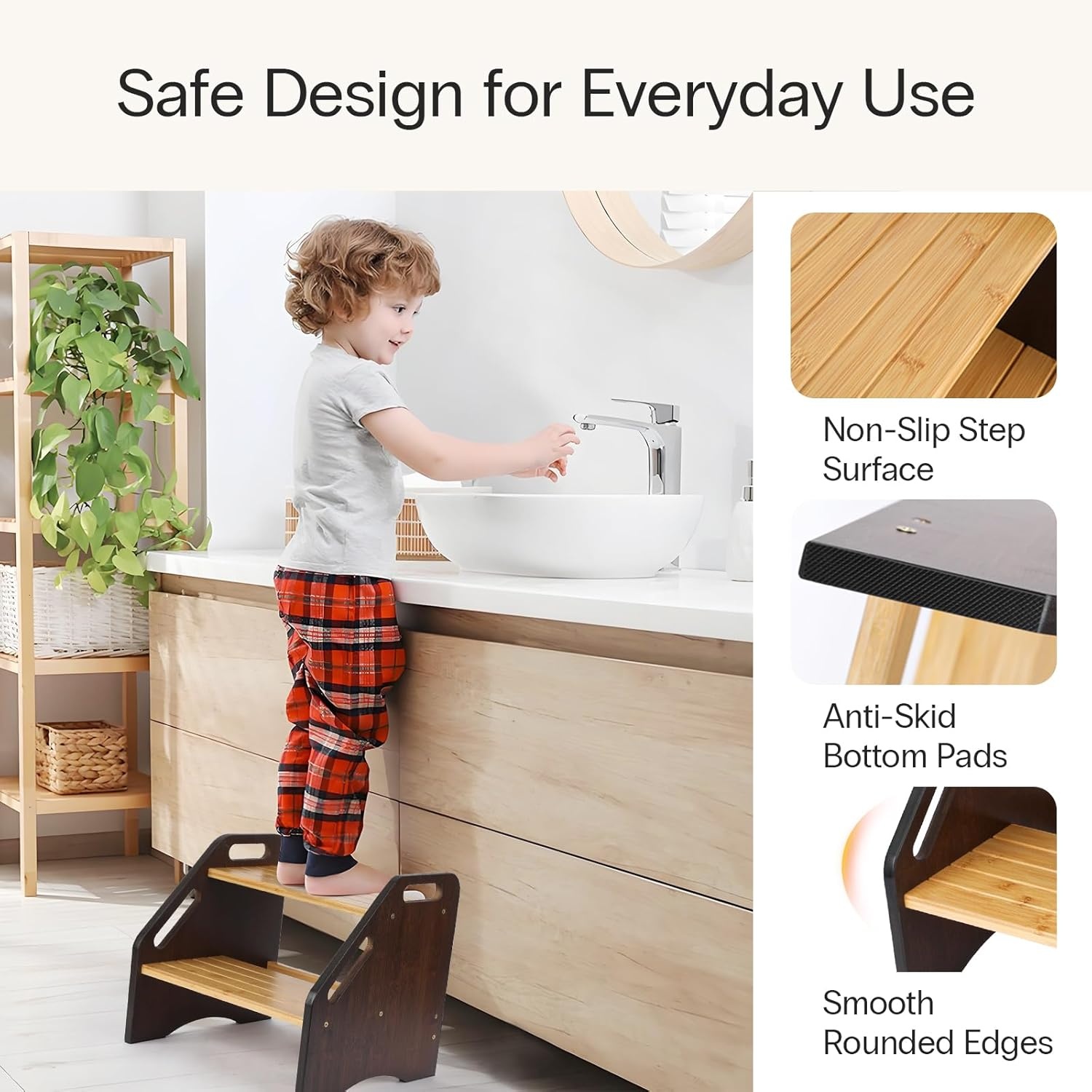 image:imageStrongTek Bamboo Kids Step Stool with Handles 15 Wide NonSlip Steps 350 lb Capacity Portable 2Step Wooden Footstool Easy to Assemble amp Clean Ideal for Bathroom Kitchen Sink amp Toilet