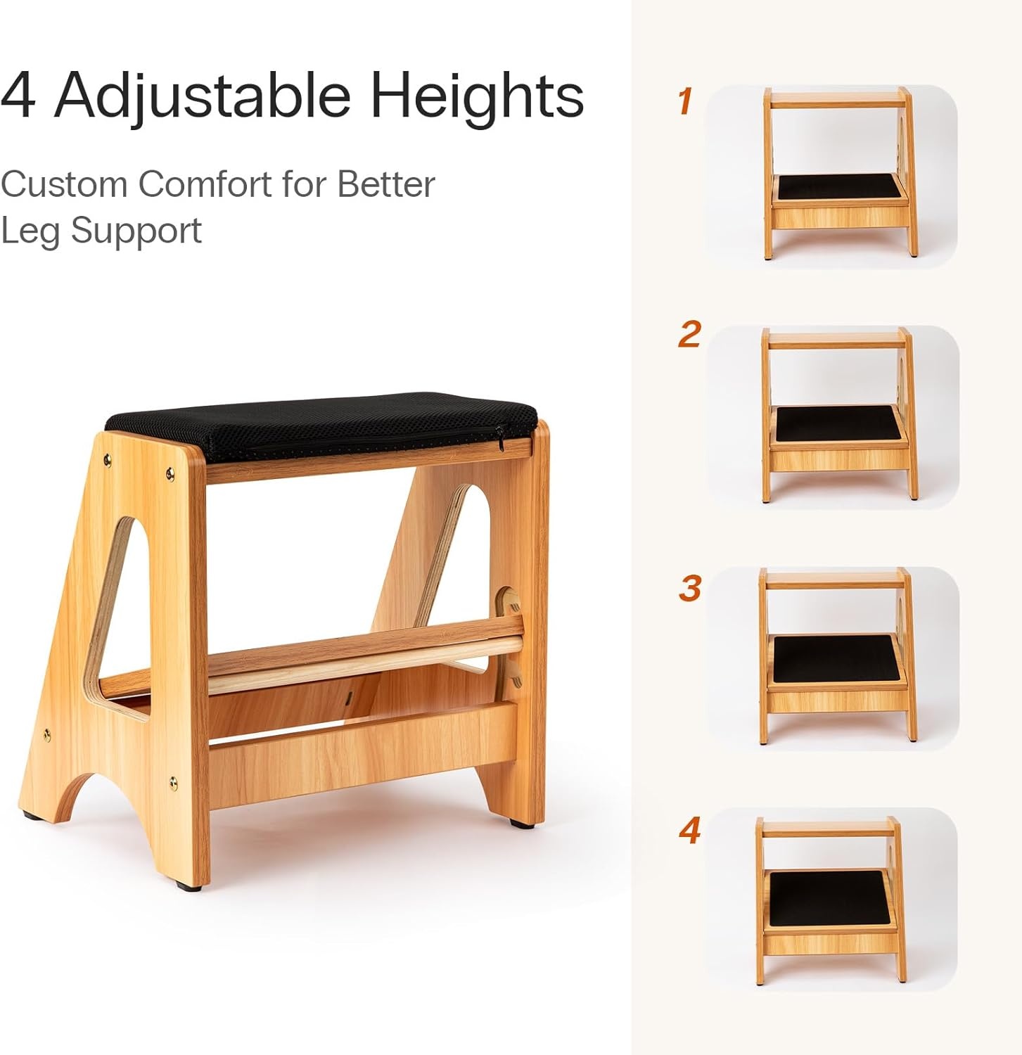 image:imageStrongTek Double Step Footrest Adjustable Wooden Foot Stool with 3 Height Levels Cushioned Top amp NonSlip Base Ergonomic Under Desk Leg Rest for Office Home