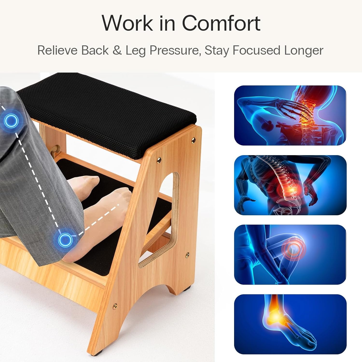 image:imageStrongTek Double Step Footrest Adjustable Wooden Foot Stool with 3 Height Levels Cushioned Top amp NonSlip Base Ergonomic Under Desk Leg Rest for Office Home
