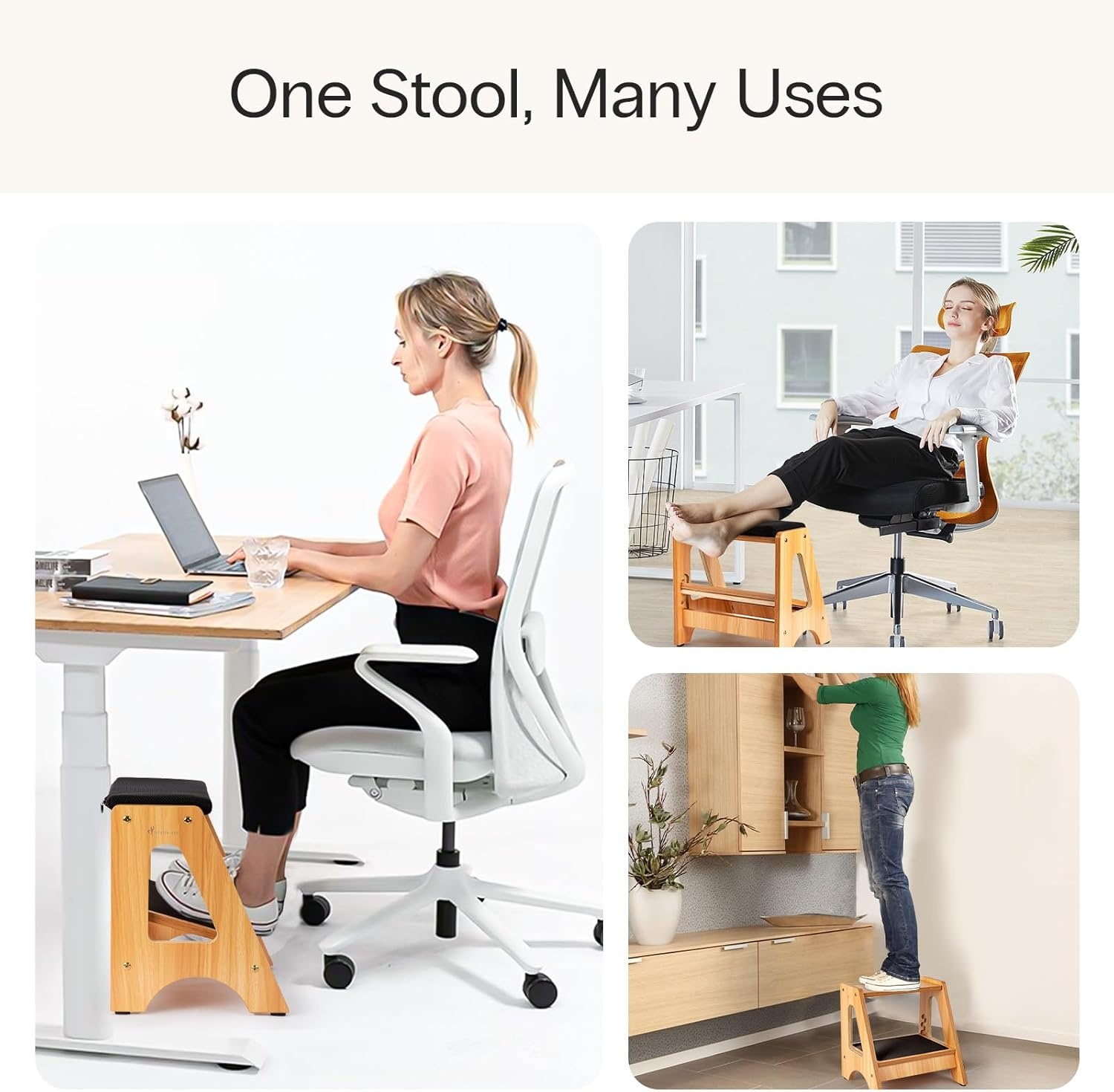 image:imageStrongTek Double Step Footrest Adjustable Wooden Foot Stool with 3 Height Levels Cushioned Top amp NonSlip Base Ergonomic Under Desk Leg Rest for Office Home