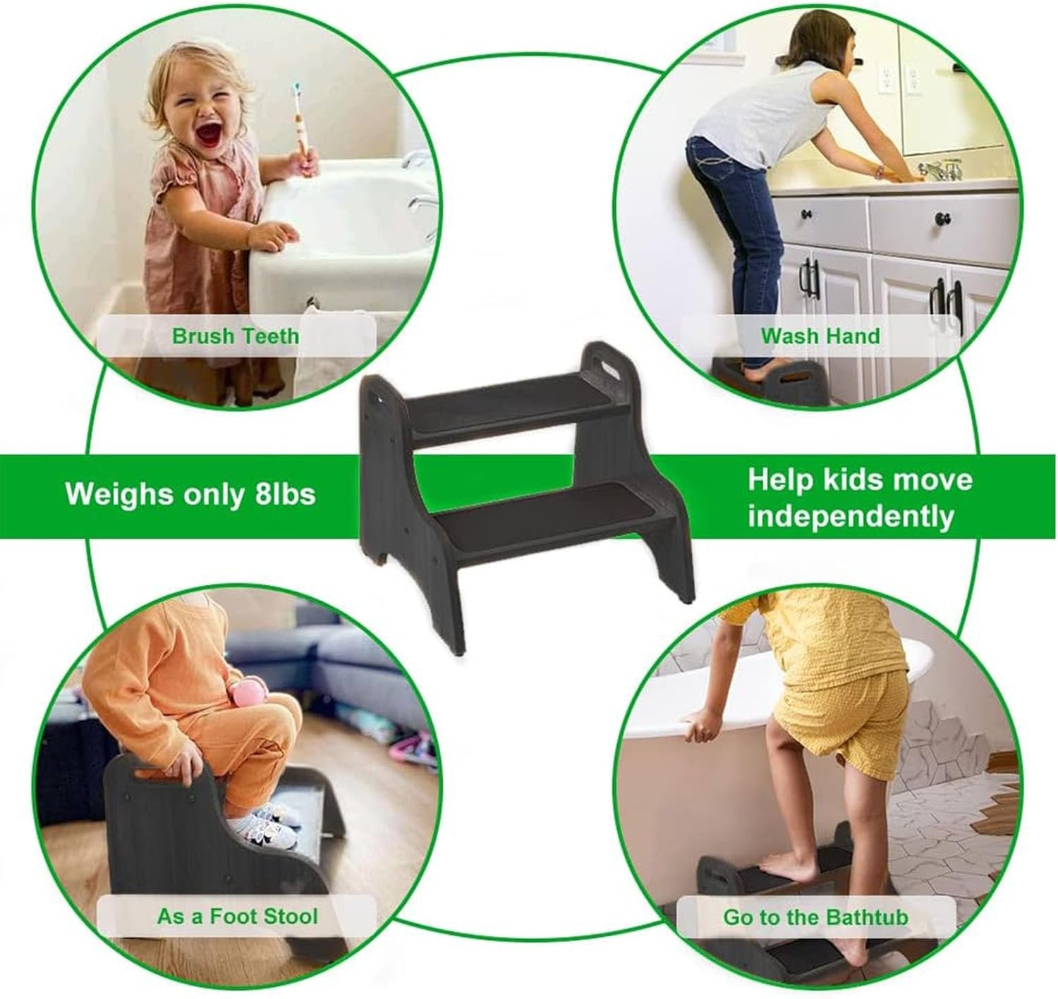 image:imageStrongTek Wooden 2Step Stool for Kids NonSlip Surface with Handles 350 lb Capacity Toddler Step Stool for Bathroom Kitchen and Bedroom NaturalEspresso