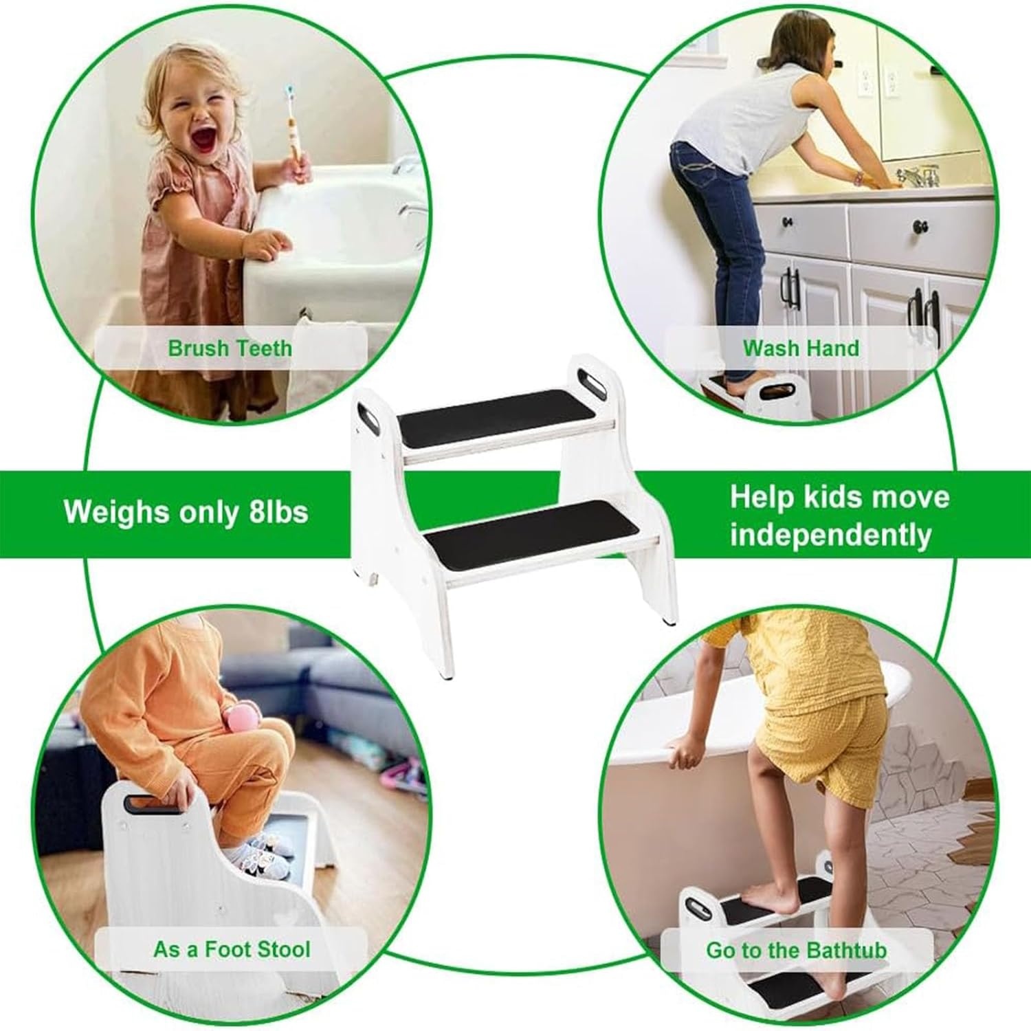 image:imageStrongTek Wooden 2Step Stool for Kids NonSlip Surface with Handles 350 lb Capacity Toddler Step Stool for Bathroom Kitchen and Bedroom NaturalWhite