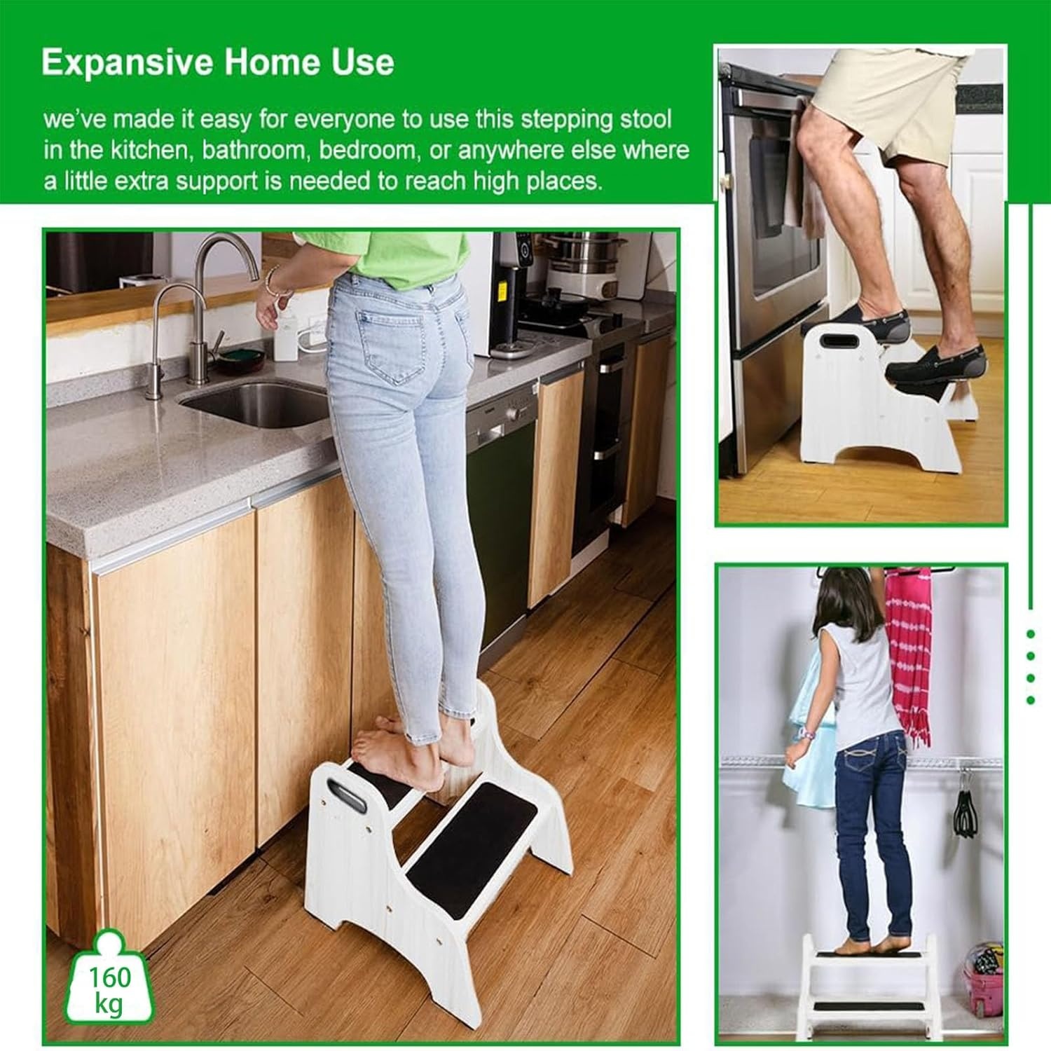 image:imageStrongTek Wooden 2Step Stool for Kids NonSlip Surface with Handles 350 lb Capacity Toddler Step Stool for Bathroom Kitchen and Bedroom NaturalWhite