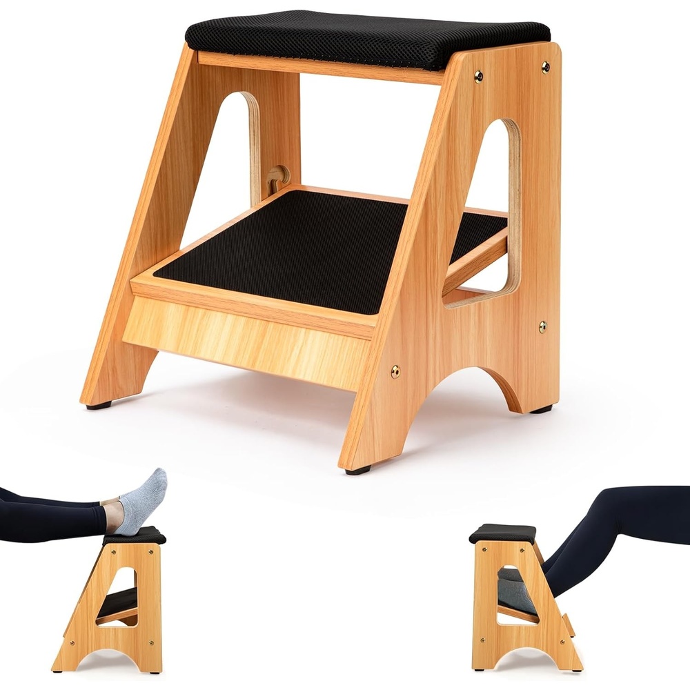 image:imageStrongTek Double Step Footrest Adjustable Wooden Foot Stool with 3 Height Levels Cushioned Top amp NonSlip Base Ergonomic Under Desk Leg Rest for Office Home