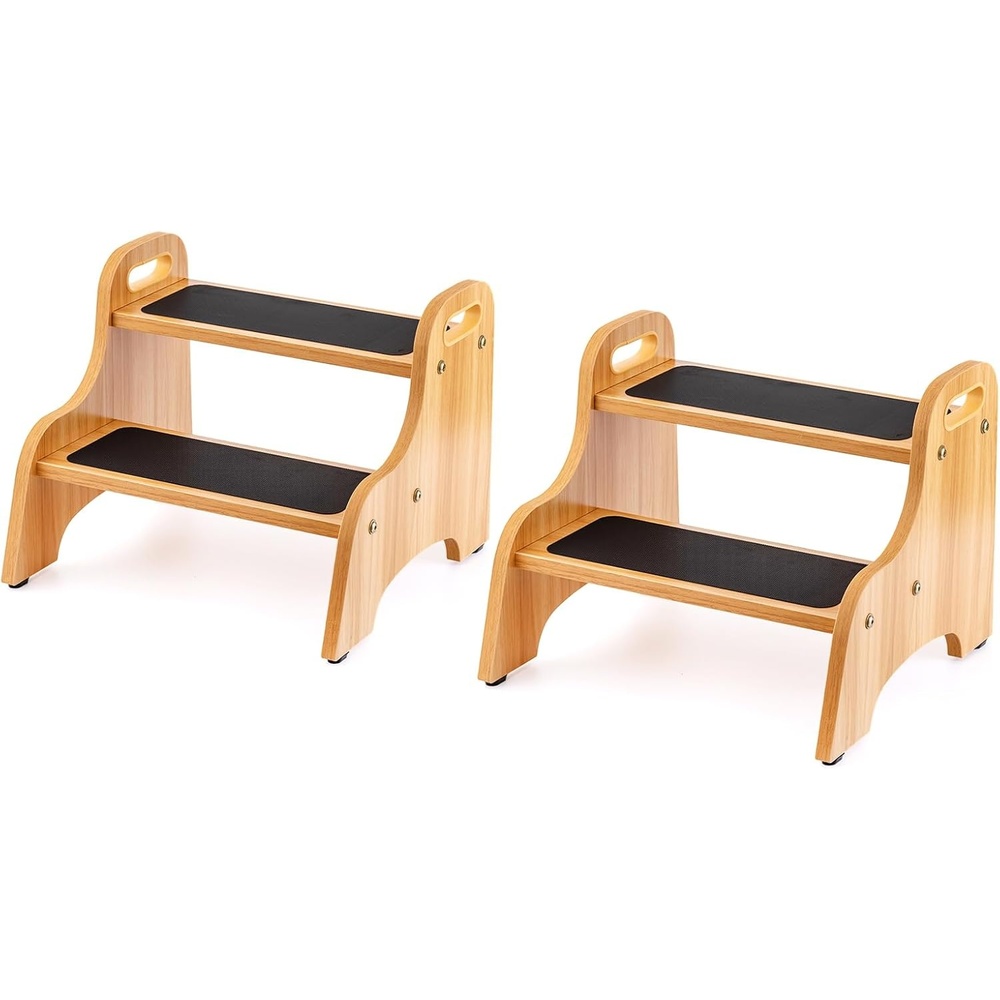 image:imageStrongTek Wooden 2Step Stool for Kids NonSlip Surface with Handles 350 lb Capacity Toddler Step Stool for Bathroom Kitchen and Bedroom Natural2 Pack