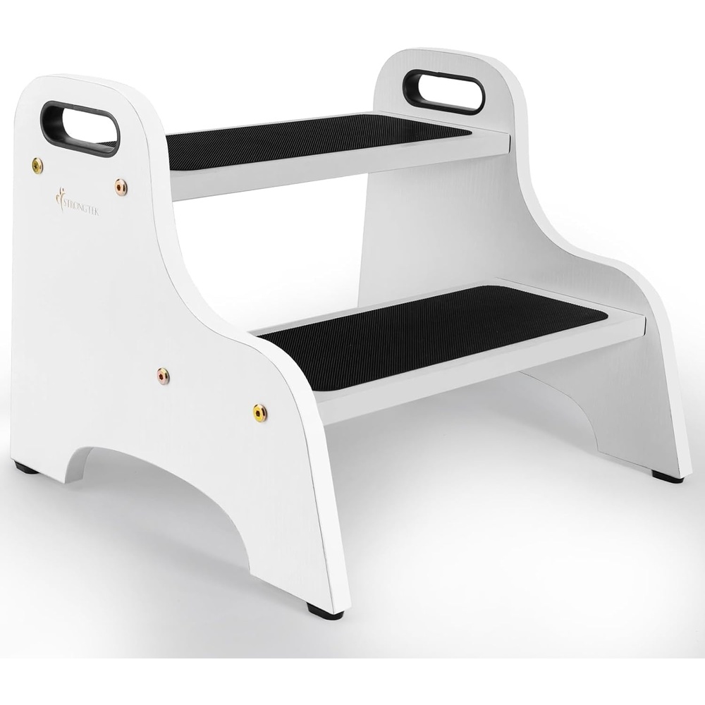 image:imageStrongTek Wooden 2Step Stool for Kids NonSlip Surface with Handles 350 lb Capacity Toddler Step Stool for Bathroom Kitchen and Bedroom NaturalWhite
