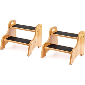 image:imageStrongTek Wooden 2Step Stool for Kids NonSlip Surface with Handles 350 lb Capacity Toddler Step Stool for Bathroom Kitchen and Bedroom Natural2 Pack