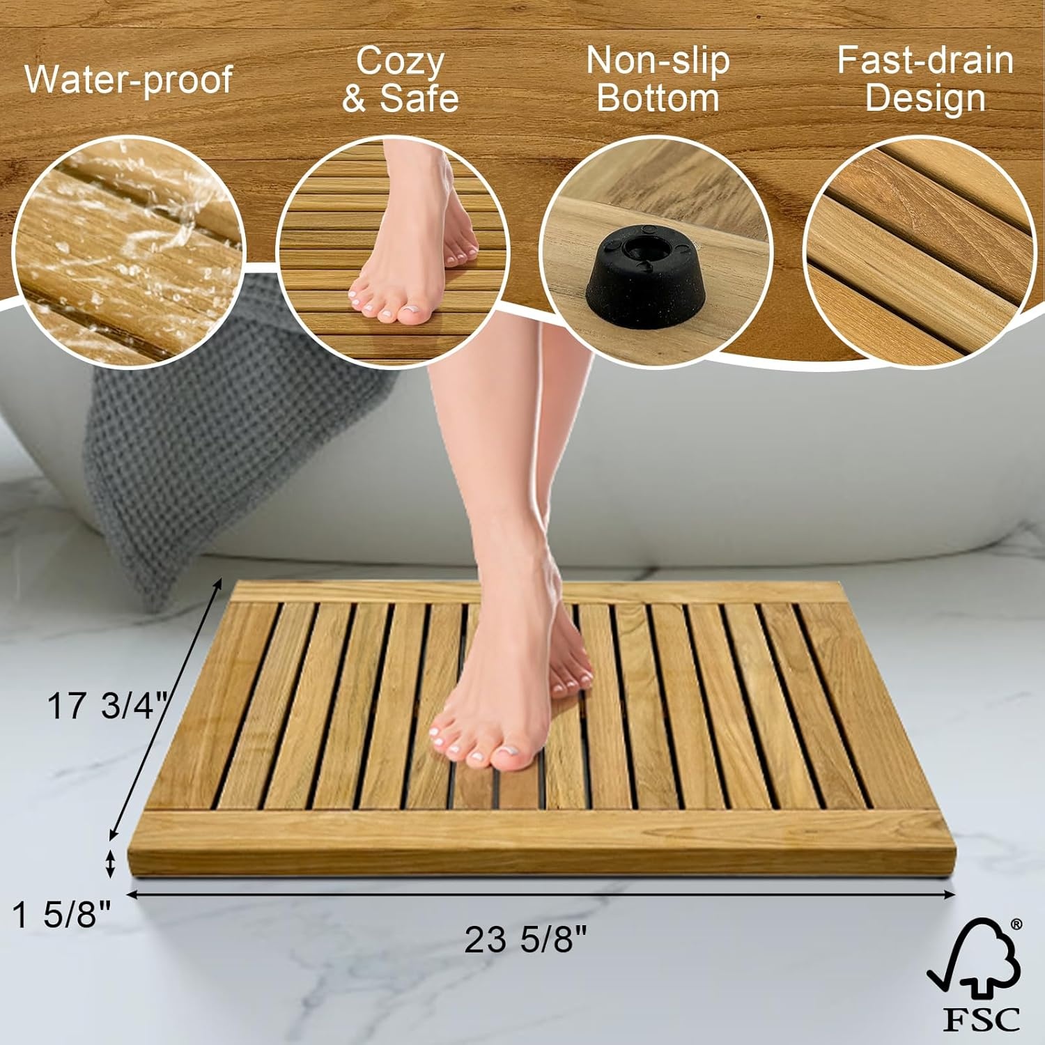 image:imageStrongTek 24 inch Teak Shower Mat WaterResistant NonSlip EasytoClean Bath Mat for Safety and Durability Ideal for Bathrooms Saunas Spas and Outdoor UseTeakslatted