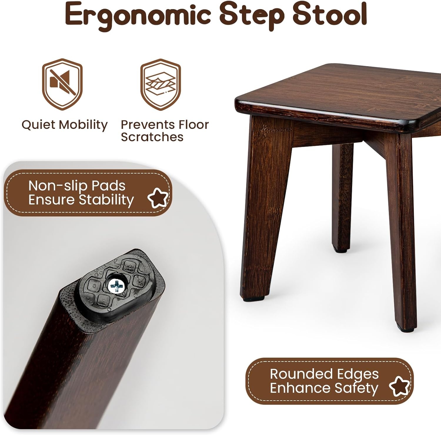 image:imageStrongTek Bamboo Step Stool for Kids and Adults Natural Material Sturdy and Versatile Short Foot Stool for Bathroom Kitchen Bedroom Compact 10inch Small Wood Stool Plant Stand BlackChocolate