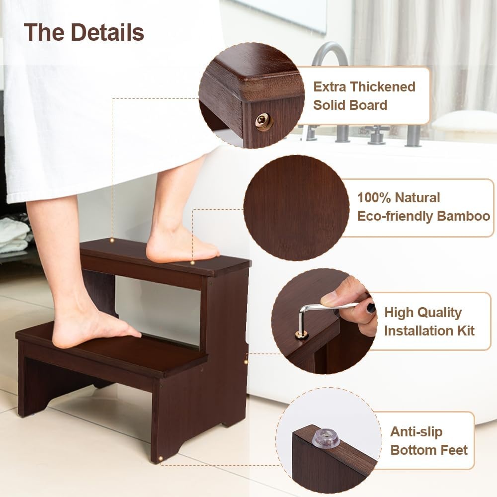 image:imageStrongTek Bamboo Two Step Stool for Adults and Kids Bed Stepstool with AntiSlip Bottom Heavy Duty for Kitchen Bathroom Bedside Step Stool Wooden Step Stairs 350 lbs CapacityDark Chocolate