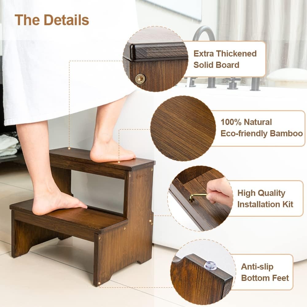 image:imageStrongTek Bamboo Two Step Stool for Adults and Kids Bed Stepstool with AntiSlip Bottom Heavy Duty for Kitchen Bathroom Bedside Step Stool Wooden Step Stairs 350 lbs CapacityBrown
