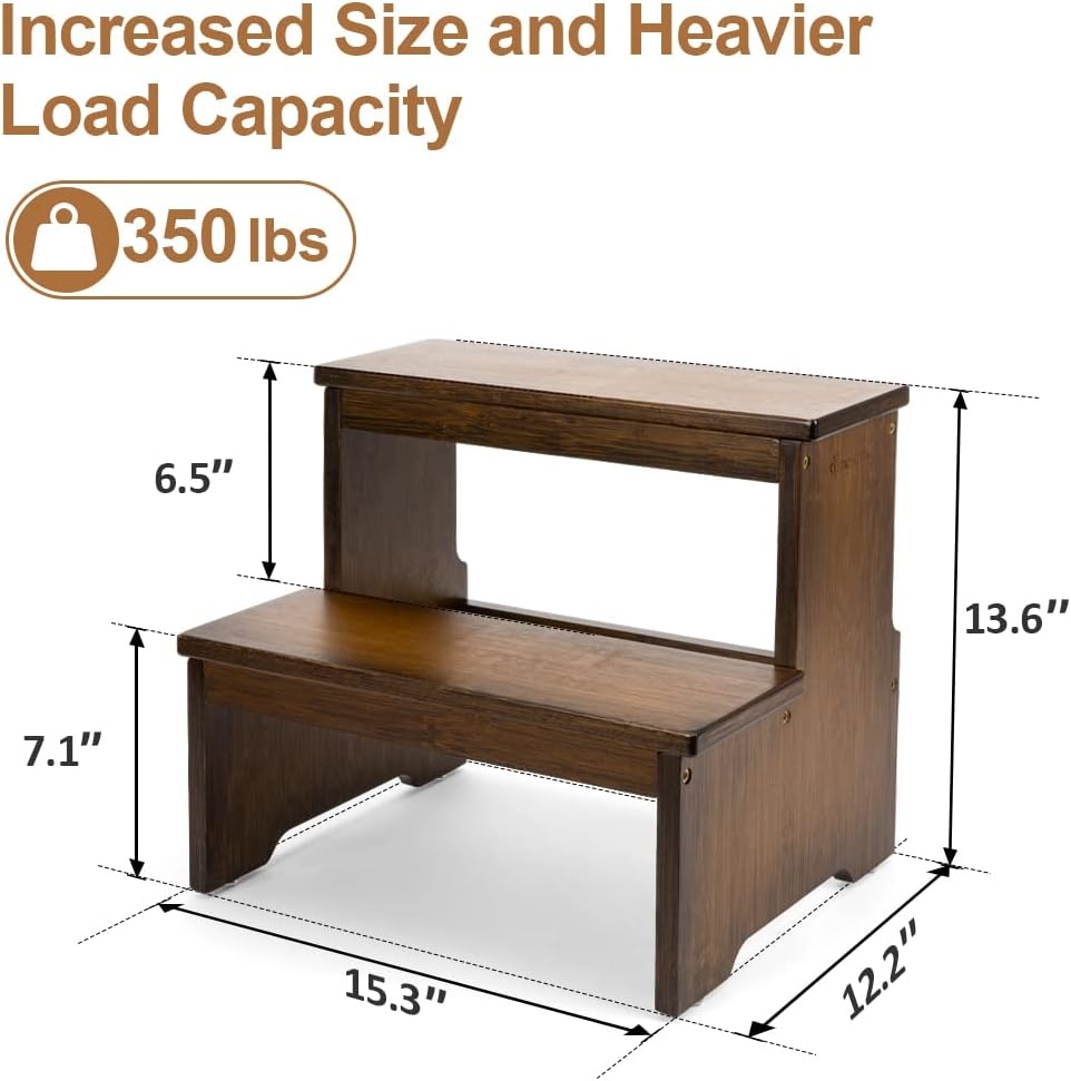 image:imageStrongTek Bamboo Two Step Stool for Adults and Kids Bed Stepstool with AntiSlip Bottom Heavy Duty for Kitchen Bathroom Bedside Step Stool Wooden Step Stairs 350 lbs CapacityBrown