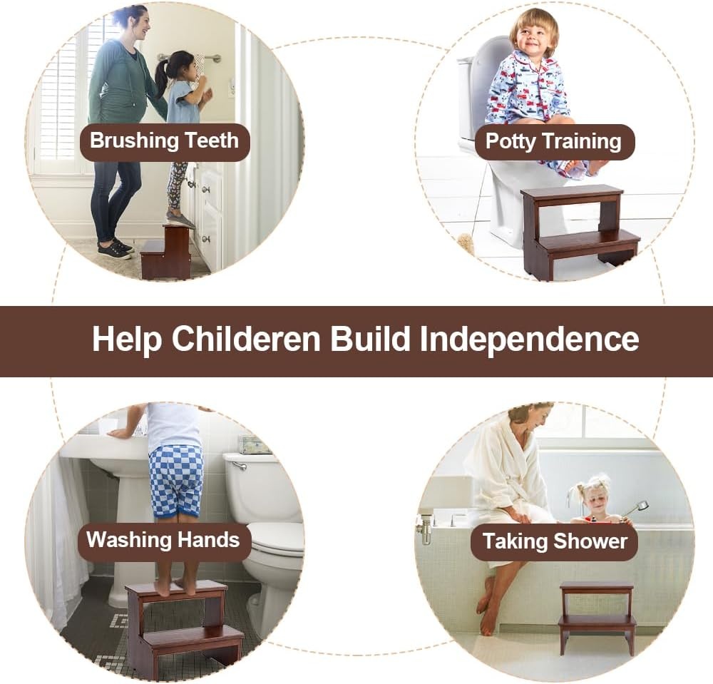 image:imageStrongTek Bamboo Two Step Stool for Adults and Kids Bed Stepstool with AntiSlip Bottom Heavy Duty for Kitchen Bathroom Bedside Step Stool Wooden Step Stairs 350 lbs CapacityDark Chocolate