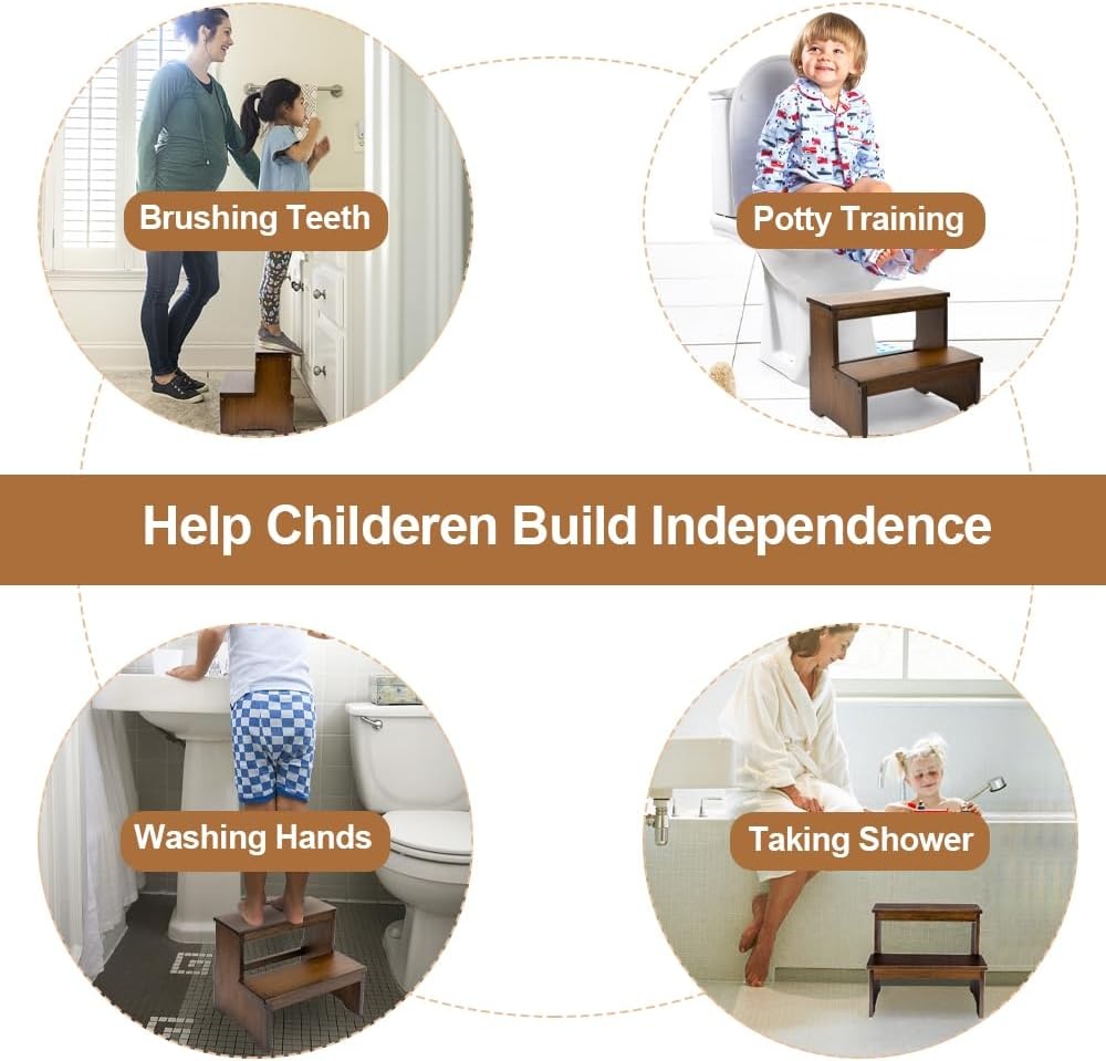 image:imageStrongTek Bamboo Two Step Stool for Adults and Kids Bed Stepstool with AntiSlip Bottom Heavy Duty for Kitchen Bathroom Bedside Step Stool Wooden Step Stairs 350 lbs CapacityBrown