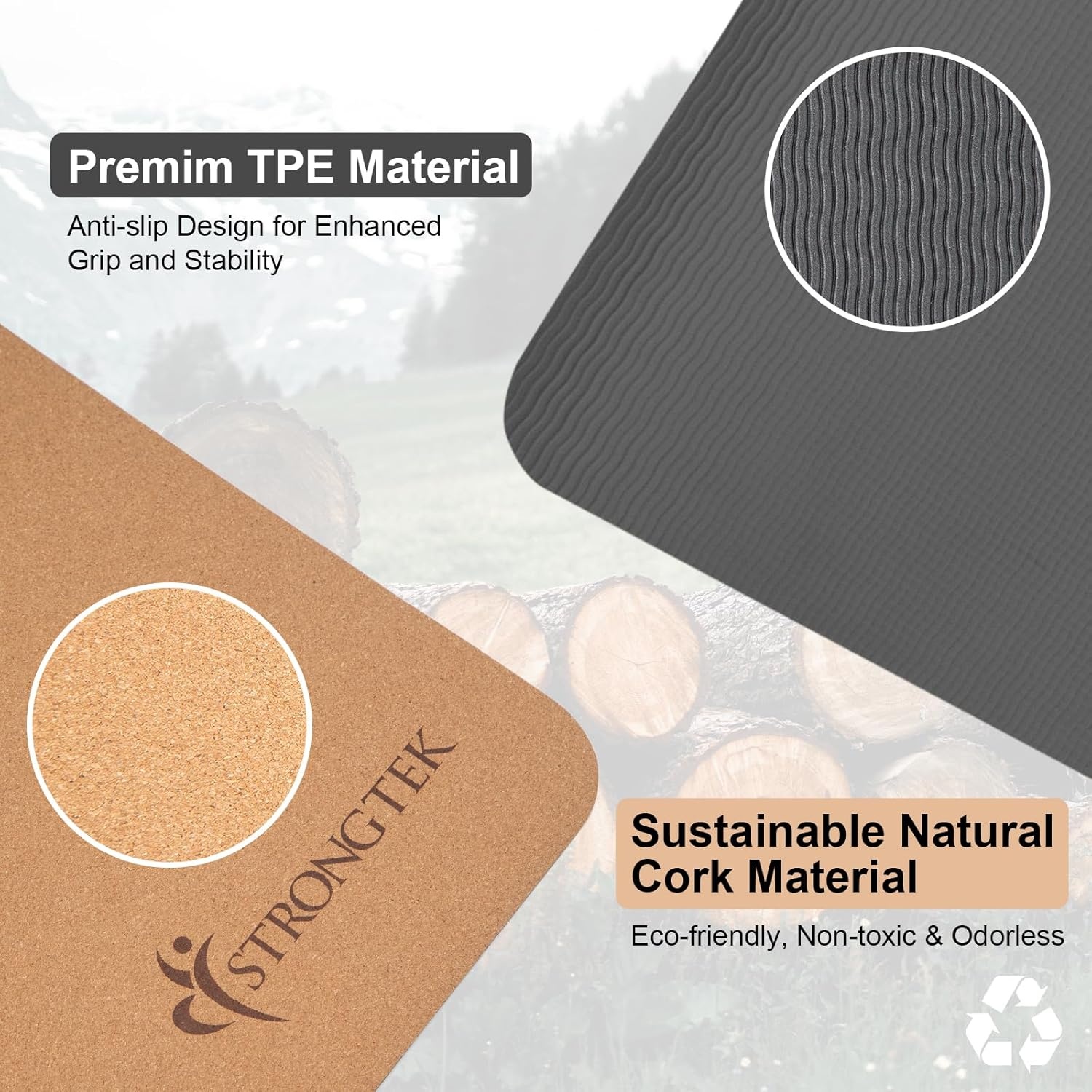 image:imageStrongTek EcoFriendly Cork Yoga Mat 7mm Thick 72x24 CorkTPE 2 lbs NonSlip Lightweight amp Cushioned Mat for Hot Yoga Pilates amp Home Fitness Durable Surface with Natural Grip and Carry StrapCorkTPE