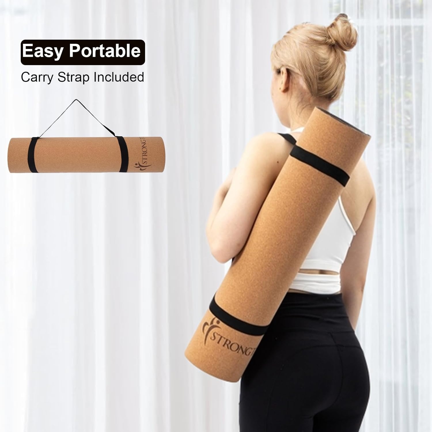 image:imageStrongTek EcoFriendly Cork Yoga Mat 7mm Thick 72x24 CorkTPE 2 lbs NonSlip Lightweight amp Cushioned Mat for Hot Yoga Pilates amp Home Fitness Durable Surface with Natural Grip and Carry StrapCorkTPE