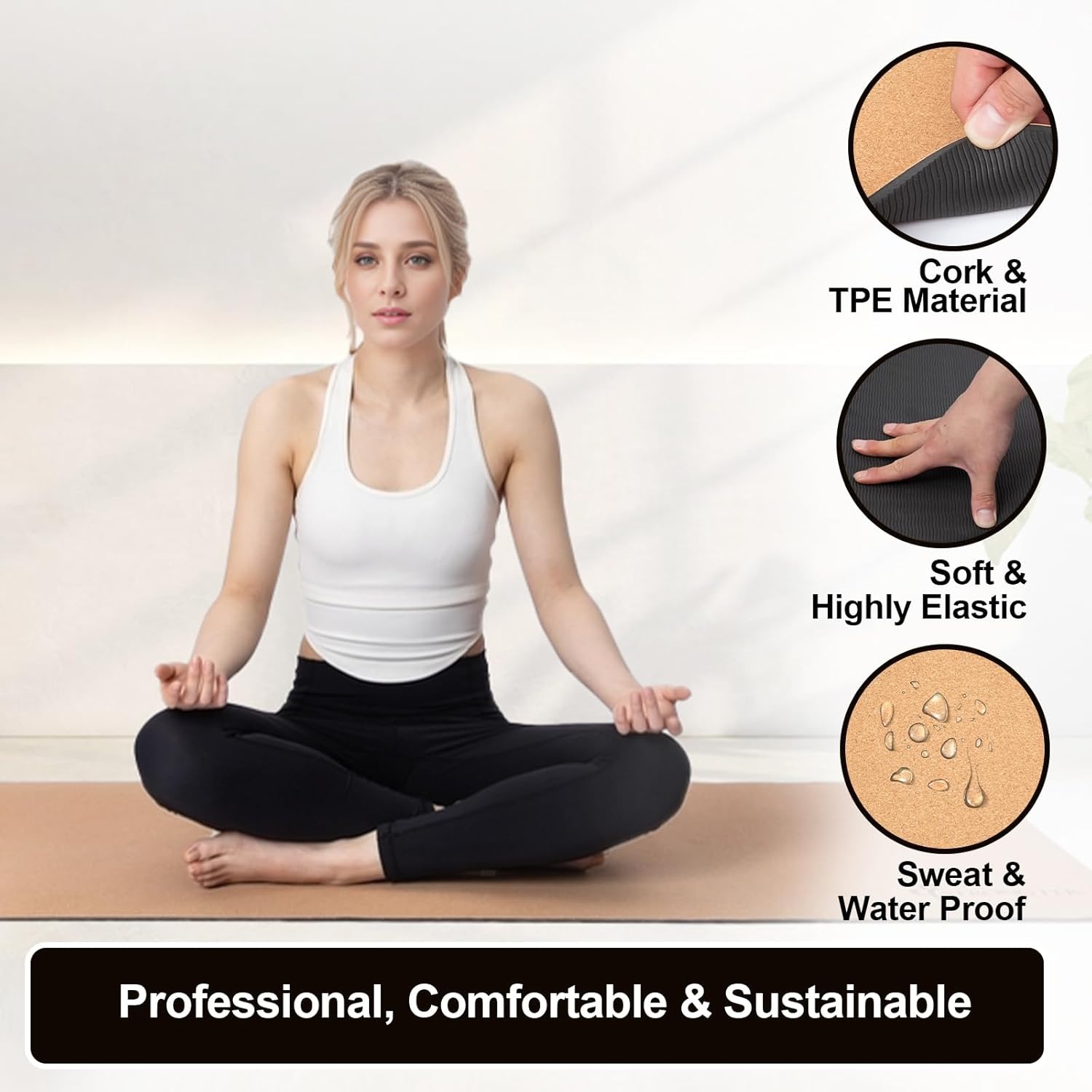 image:imageStrongTek EcoFriendly Cork Yoga Mat 7mm Thick 72x24 CorkTPE 2 lbs NonSlip Lightweight amp Cushioned Mat for Hot Yoga Pilates amp Home Fitness Durable Surface with Natural Grip and Carry StrapCorkTPE