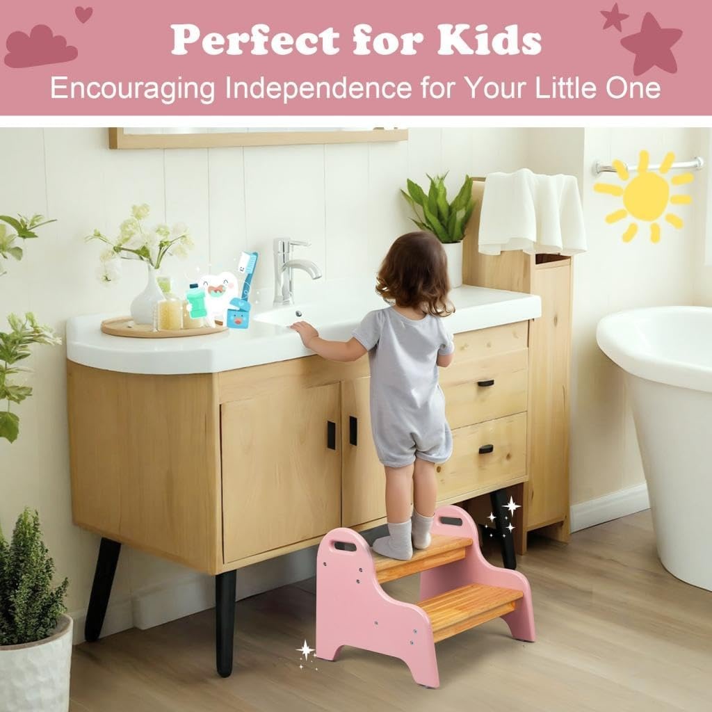 image:imageStrongTek Kids 2 Step Stool Rubber Wood Step Children Stool Safe amp Sturdy Ideal for Bathroom Kitchen Home Use Durable NonSlip Child Safety Foot Stool Toddler Step Stool Easy to Clean