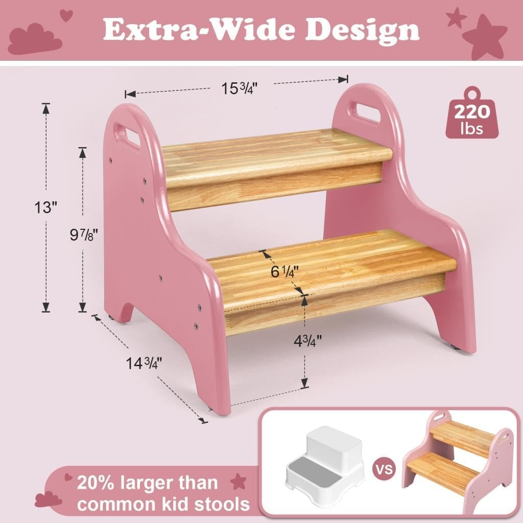 image:imageStrongTek Kids 2 Step Stool Rubber Wood Step Children Stool Safe amp Sturdy Ideal for Bathroom Kitchen Home Use Durable NonSlip Child Safety Foot Stool Toddler Step Stool Easy to Clean