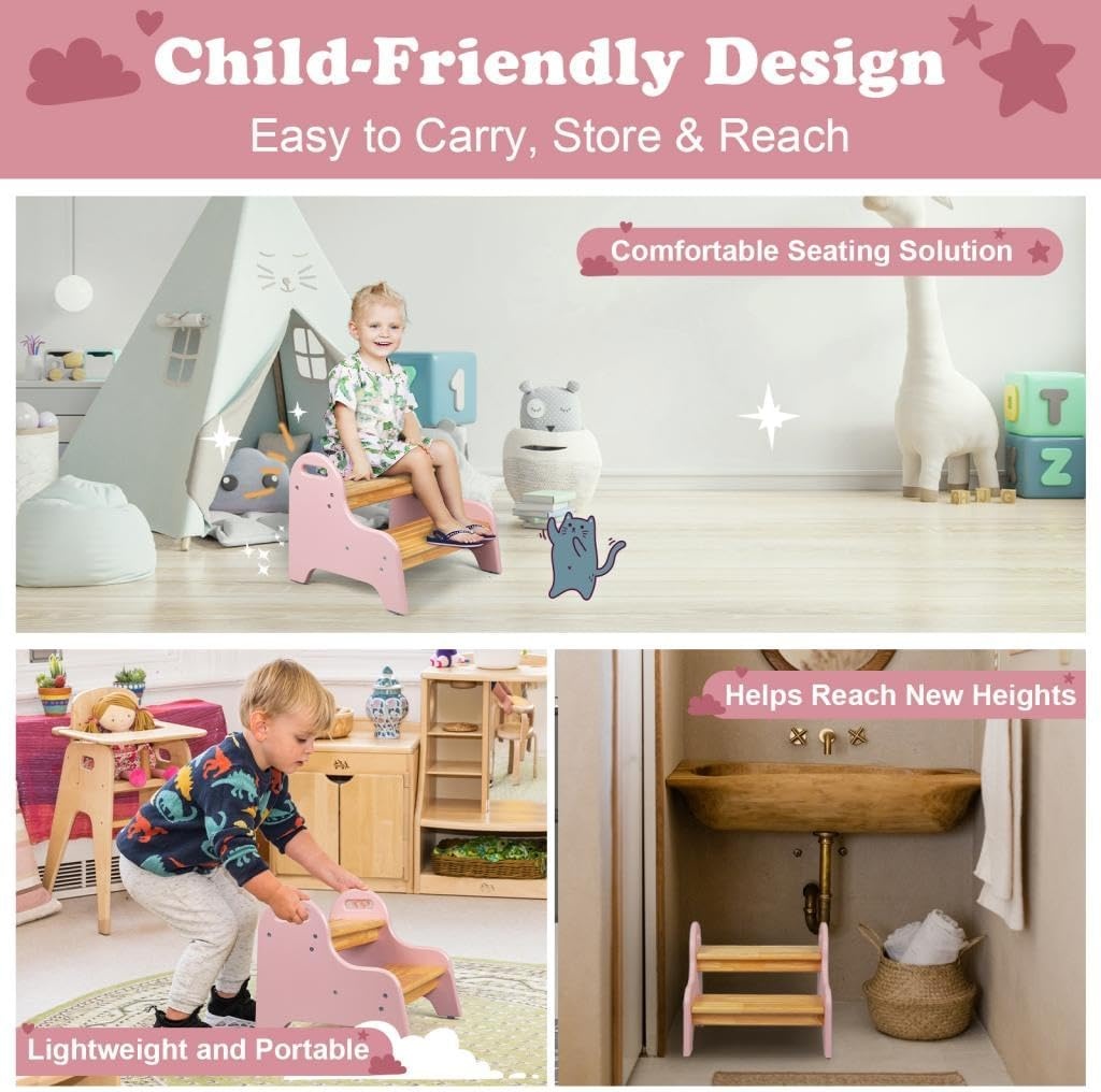 image:imageStrongTek Kids 2 Step Stool Rubber Wood Step Children Stool Safe amp Sturdy Ideal for Bathroom Kitchen Home Use Durable NonSlip Child Safety Foot Stool Toddler Step Stool Easy to Clean