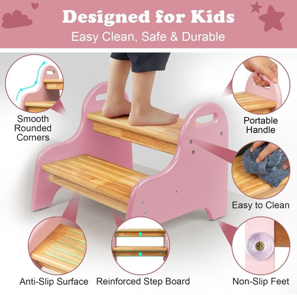 image:imageStrongTek Kids 2 Step Stool Rubber Wood Step Children Stool Safe amp Sturdy Ideal for Bathroom Kitchen Home Use Durable NonSlip Child Safety Foot Stool Toddler Step Stool Easy to Clean