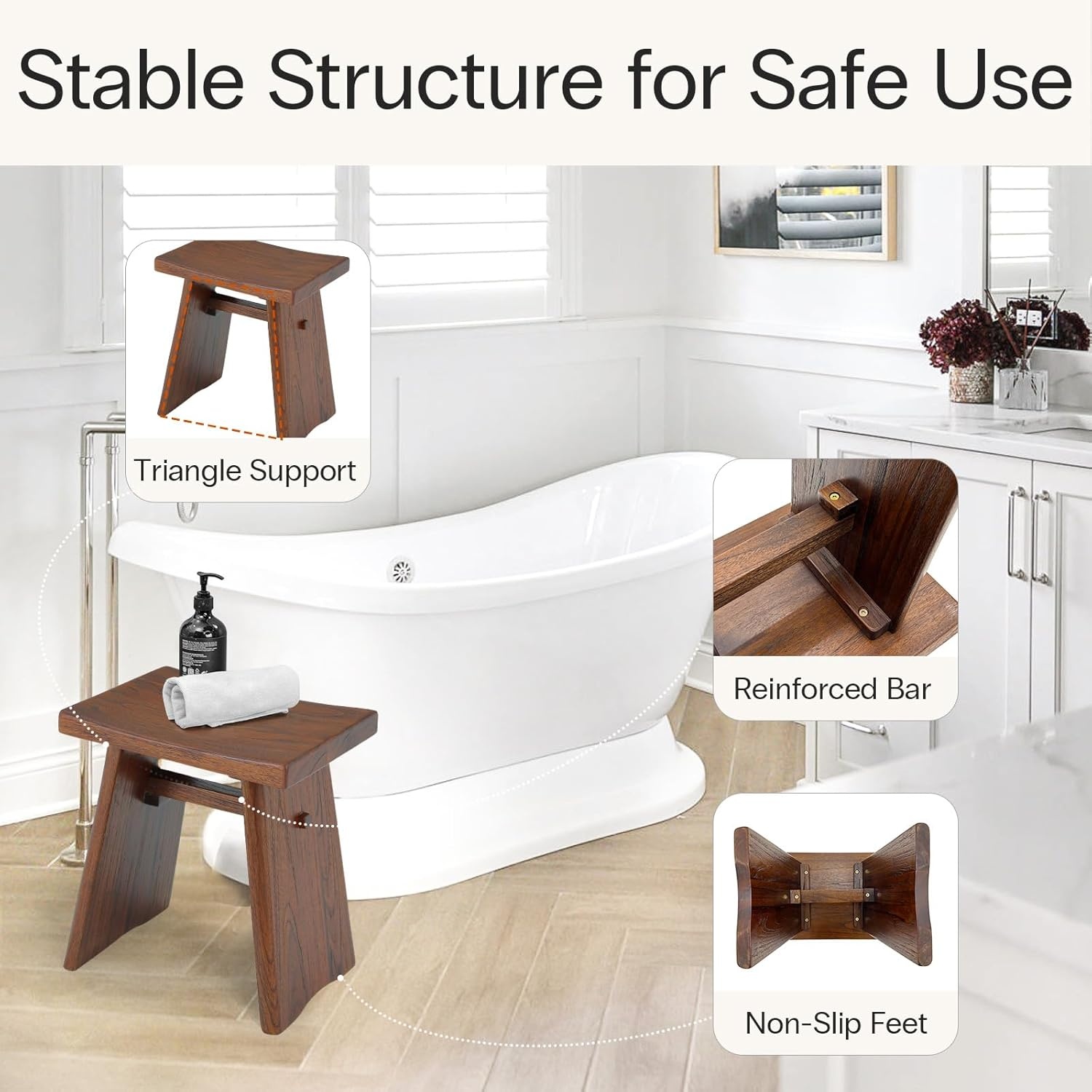 image:imageStrongTek Teak Shower Stool 18Inch Solid Teak Wood Bath Seat Bench for Bathroom Spa amp Home Ergonomic Curved Seat WaterResistant 350 lbs Capacity Stable Structure amp Smooth Finish Dark BrownDark Brown