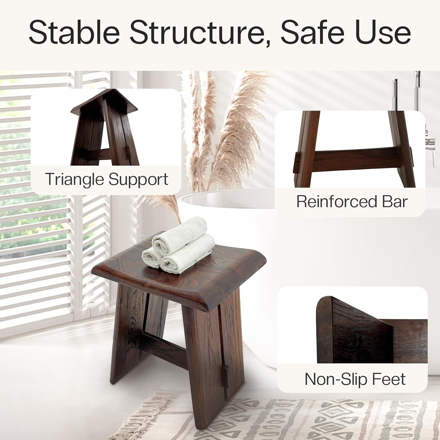 image:imageStrongTek Teak Shower Stool for Bathroom Teak Bath Bench 18 Height Ergonomic Curved Seat No Assembly Required Compact amp Stable Design 350 lbs Capacity Ideal for Shower Spa amp Home Use
