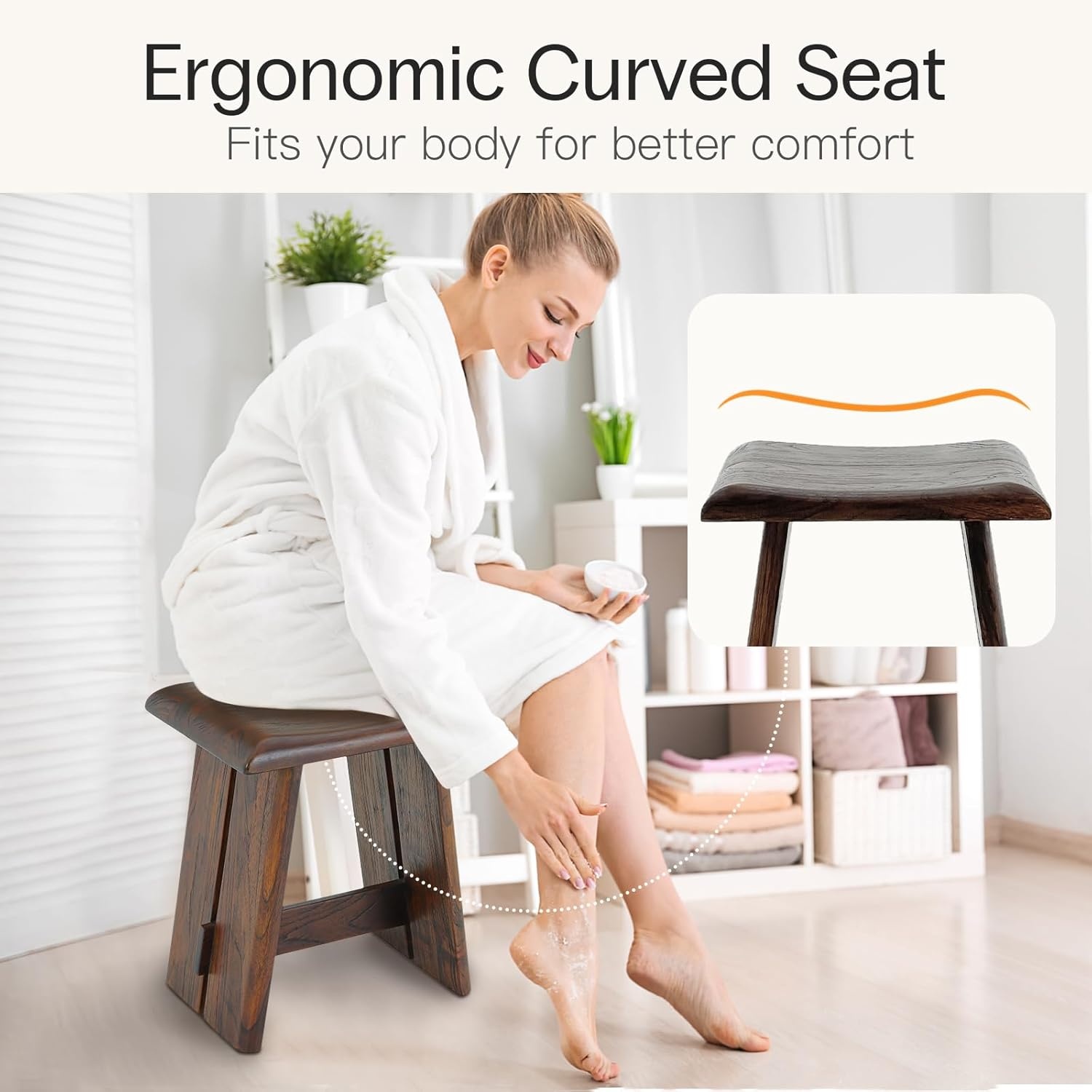 image:imageStrongTek Teak Shower Stool for Bathroom Teak Bath Bench 18 Height Ergonomic Curved Seat No Assembly Required Compact amp Stable Design 350 lbs Capacity Ideal for Shower Spa amp Home Use