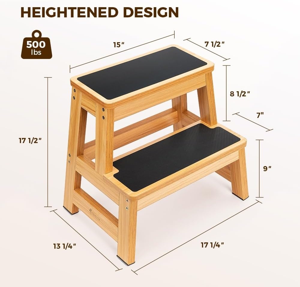 image:imageStrongTek Wood Step Stool 17 Tall TwoStep Design for Adults amp Kids HeavyDuty 500 lbs Capacity with NonSlip Steps Ideal for Kitchen Bedside amp Bathroom Use