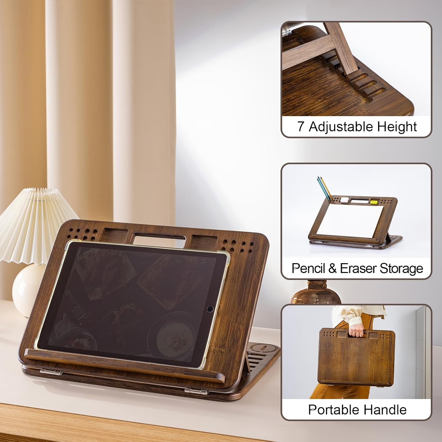 image:imageStrongTek Bamboo Table Easel 16 x 12 Inch Adjustable Drawing Board 6Position Desktop Drafting and Sketching Board with Handle and Back Storage for Drawing Painting Reading and WritingBrown