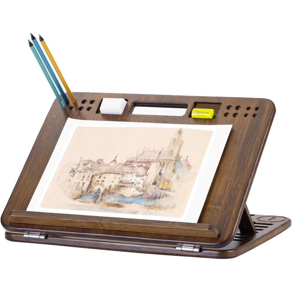 image:imageStrongTek Bamboo Table Easel 16 x 12 Inch Adjustable Drawing Board 6Position Desktop Drafting and Sketching Board with Handle and Back Storage for Drawing Painting Reading and WritingBrown
