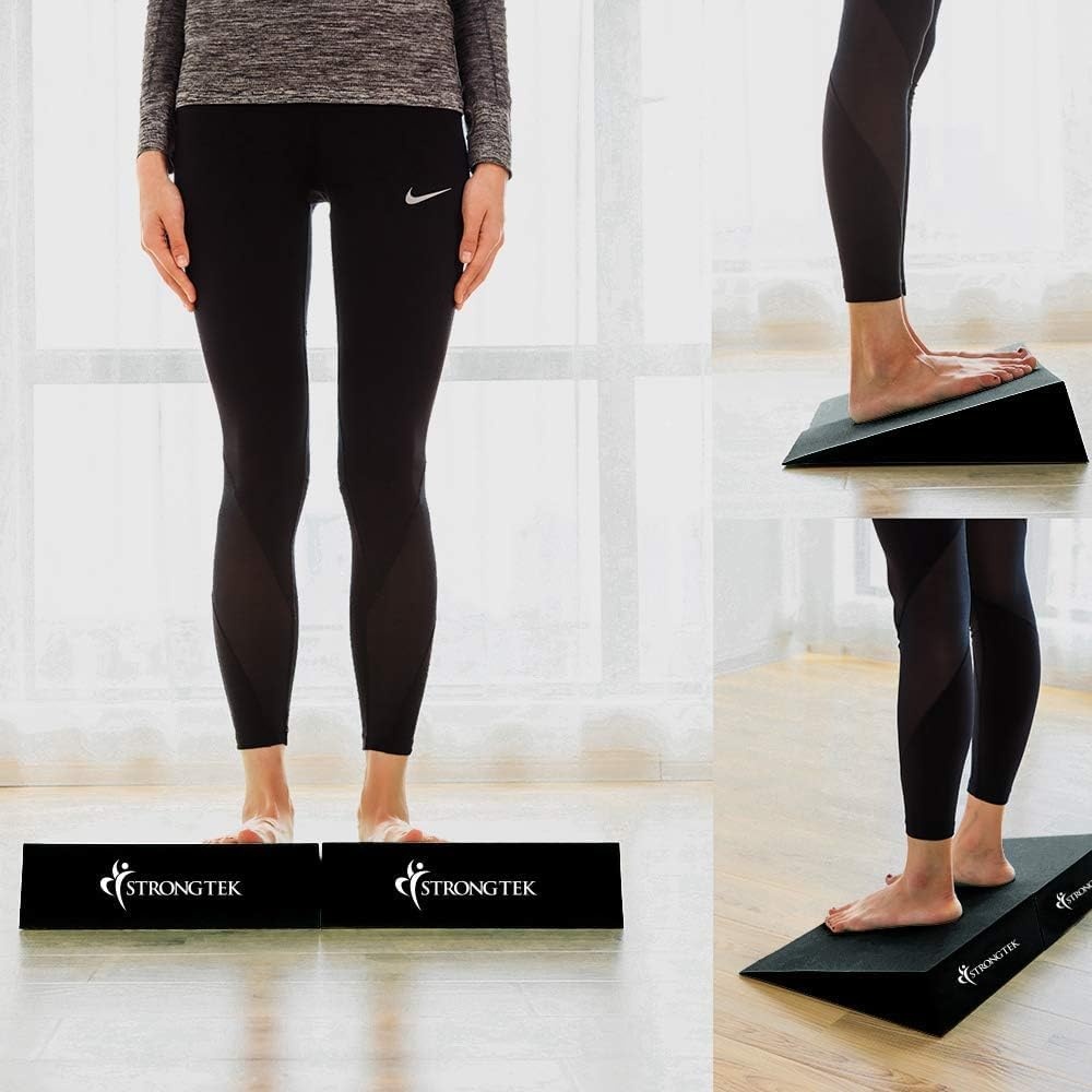 image:imageStrongTek 13 Large Yoga Foam Wedges Pair amp Adjustable Wooden Slant Board Bundle Ideal for Calf Stretch Physical Therapy and Stability Exercises