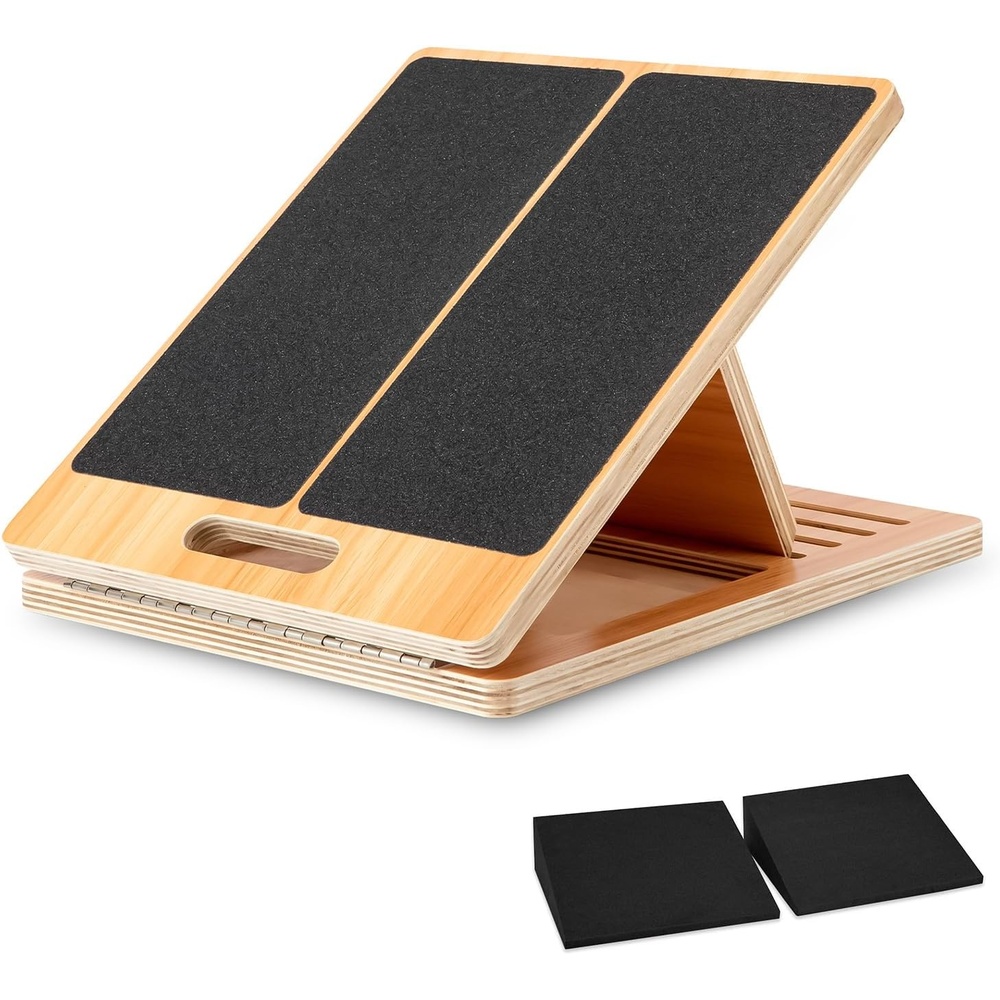 image:imageStrongTek 13 Large Yoga Foam Wedges Pair amp Adjustable Wooden Slant Board Bundle Ideal for Calf Stretch Physical Therapy and Stability Exercises