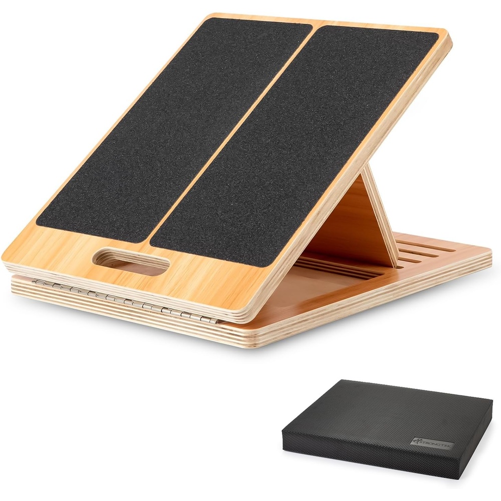 image:imageStrongTek Extra Wide Foam Balance Pad and Adjustable Wooden Slant Board Set Enhance Stability Flexibility and Rehabilitation
